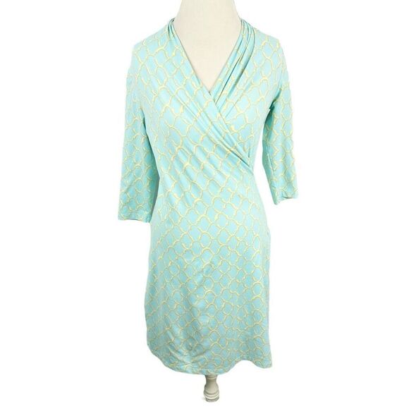 J. McLaughlin Blue Gold Scroll Print Catalina Cloth Wrap Panama Dress Size S - Picture 1 of 10